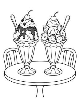Two ice cream sundaes on a cafe table featured in this ice cream coloring page.