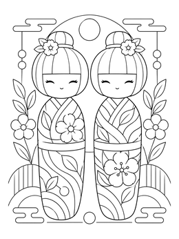 A pair of twin kokeshi dolls coloring page with floral patterns and ornate decorative elements.