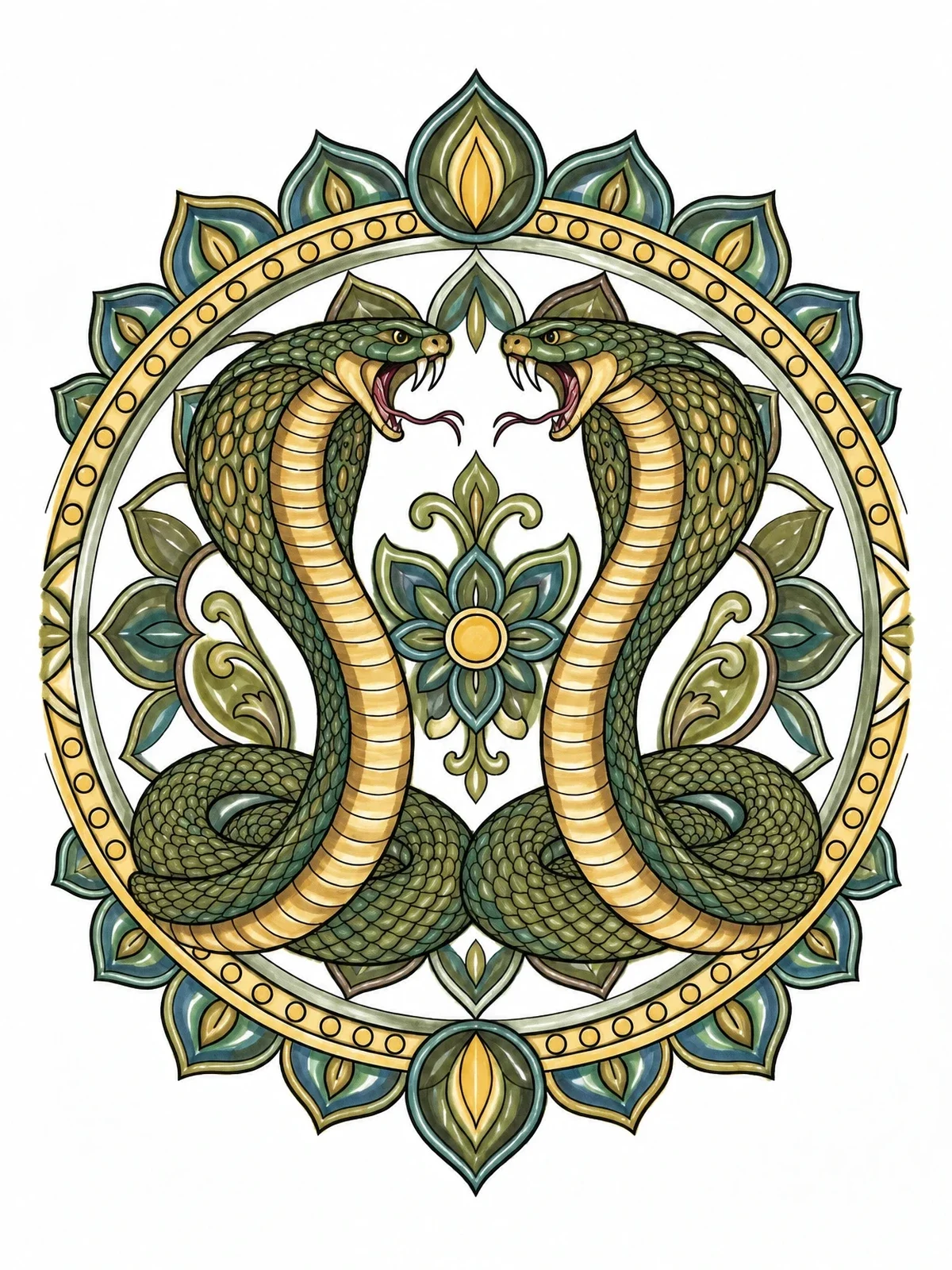 Colored example of the Twin King Cobras In Mandala coloring page