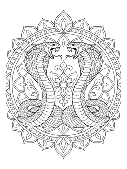 Two striking snakes face each other in this detailed mandala king cobra coloring page.