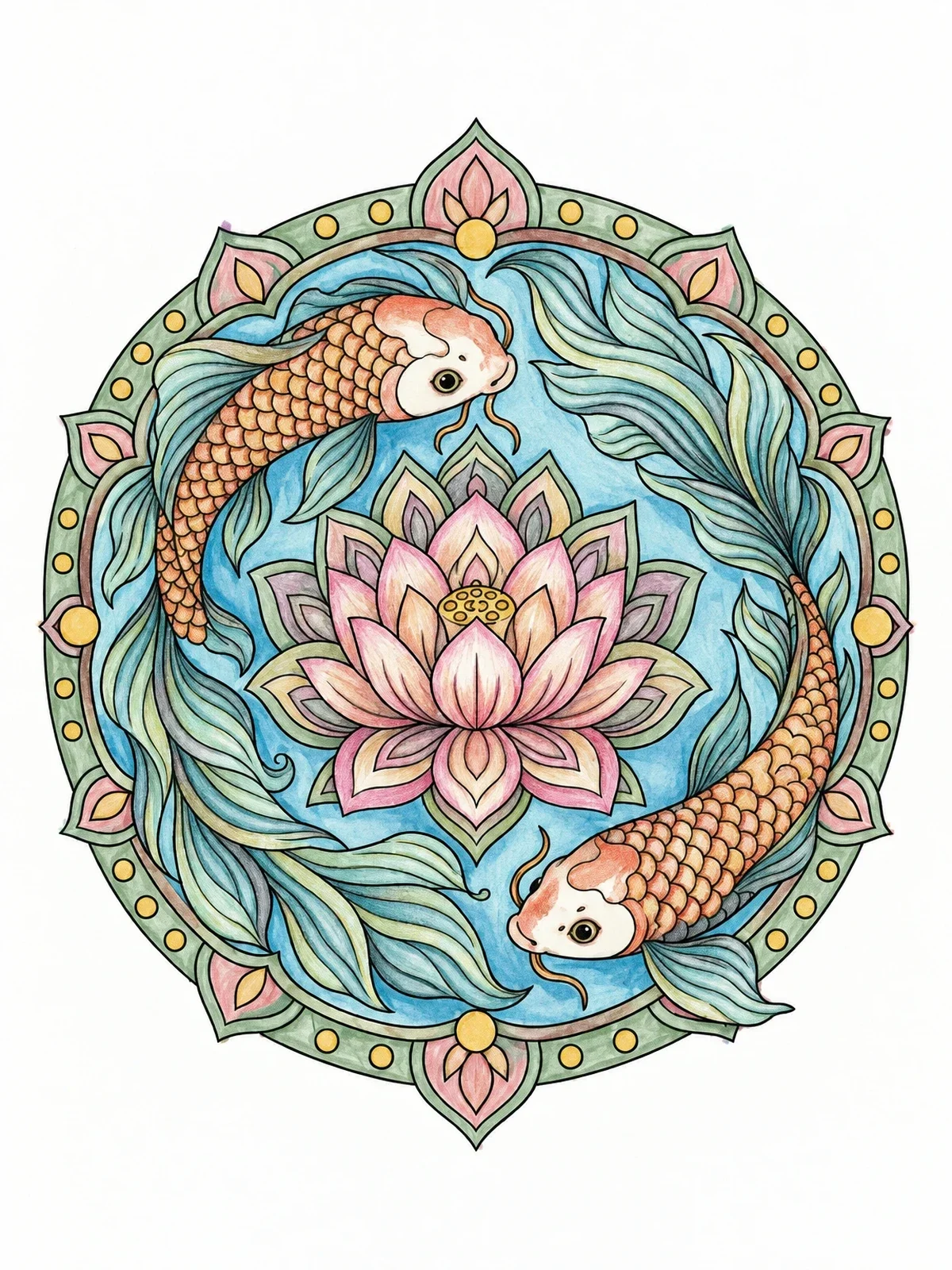 Colored example of the Twin Koi Swimming Around Lotus Mandala coloring page