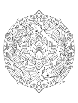 Detailed mandala with two koi fish circling an ornate lotus on this koi fish coloring page.