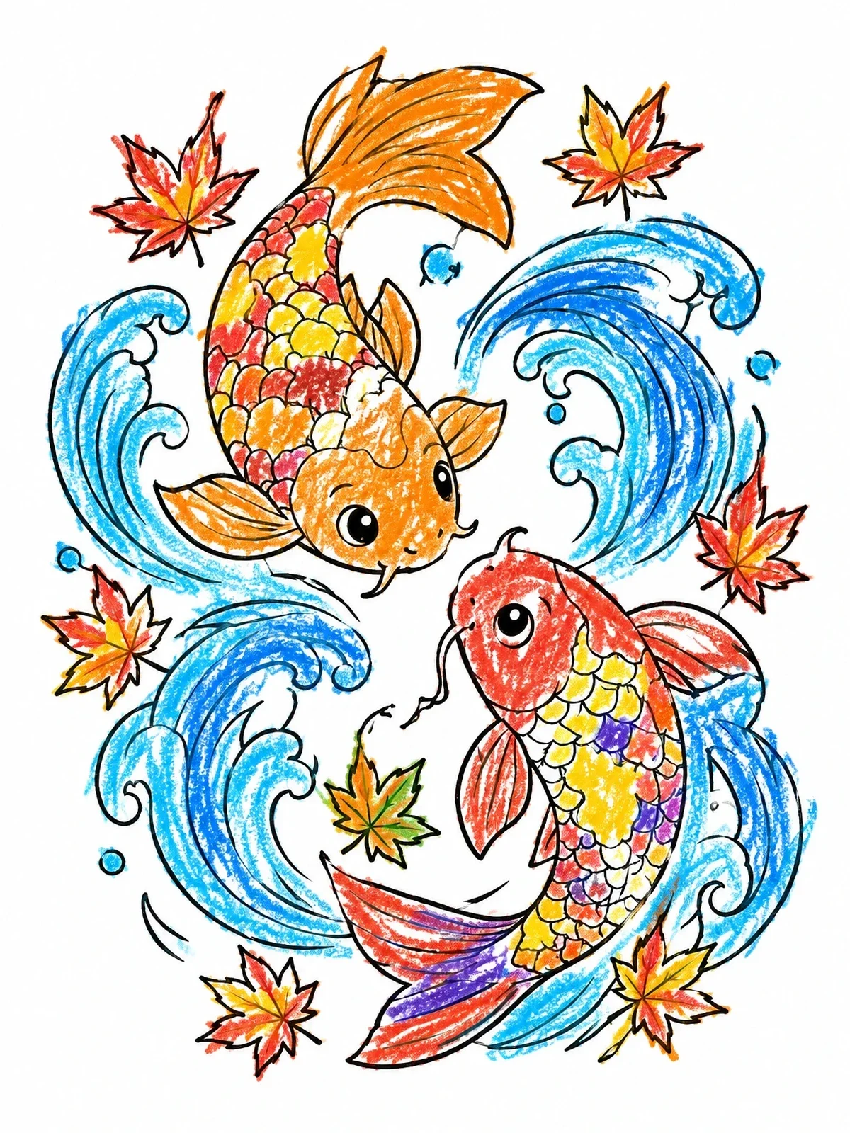Colored example of the Twin Koi Swimming In Swirling Waves coloring page