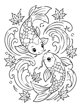 Free printable Twin Koi Swimming In Swirling Waves coloring page