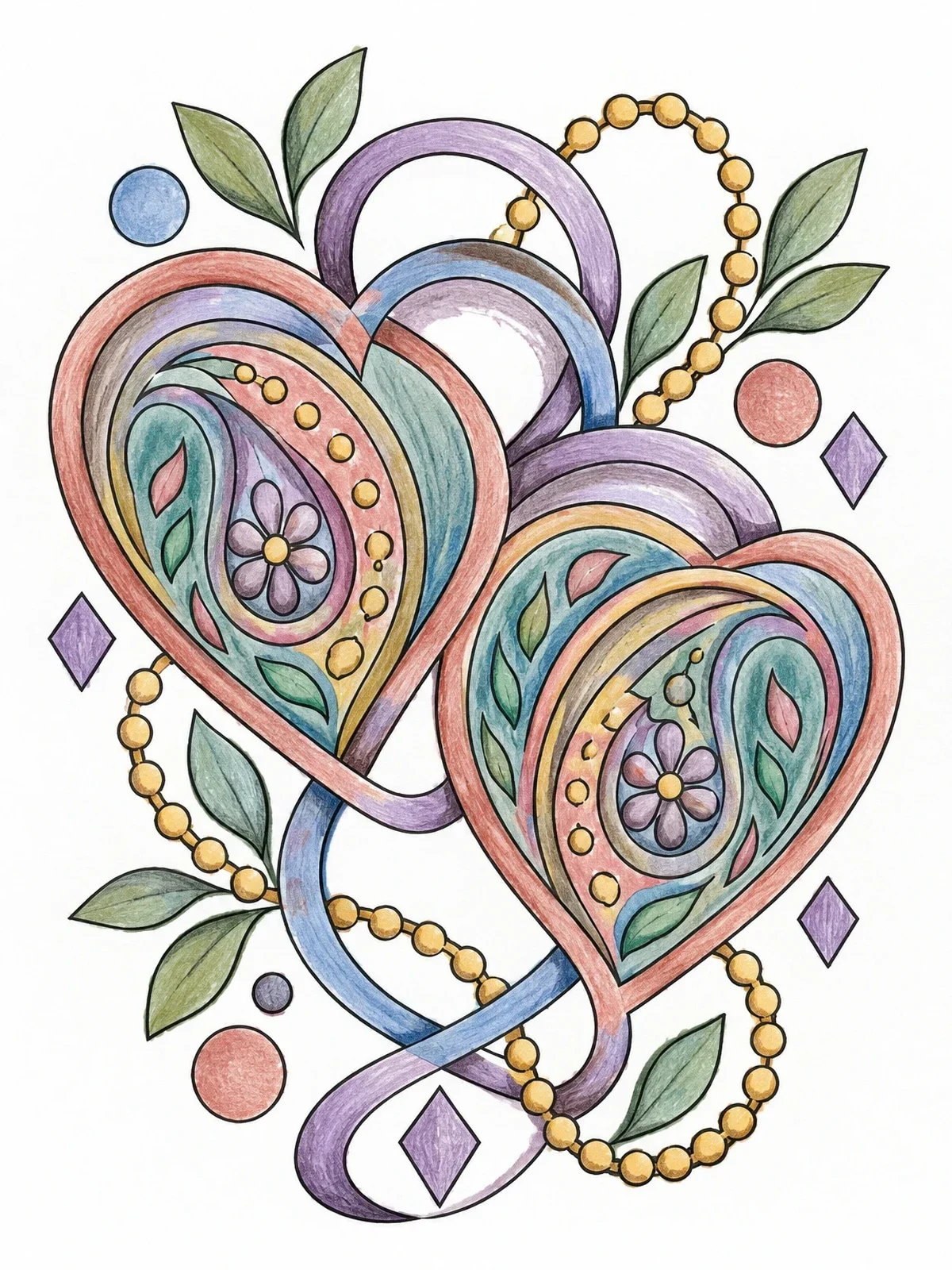 Colored example of the Twin Paisley Hearts With Beaded Vines coloring page