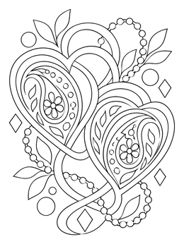 Intricate twin paisley heart coloring page entwined with ribbons and beaded strands.