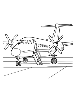 A twin-propeller airplane coloring page parked on the tarmac with open boarding stairs.