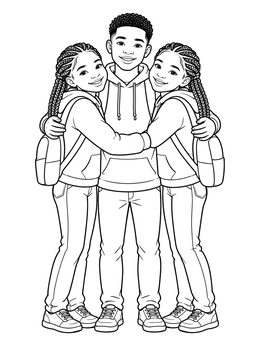 A happy brother and sisters scene on this twin coloring page.