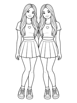 Two stylish teenage sisters stand side by side in this twin coloring page.