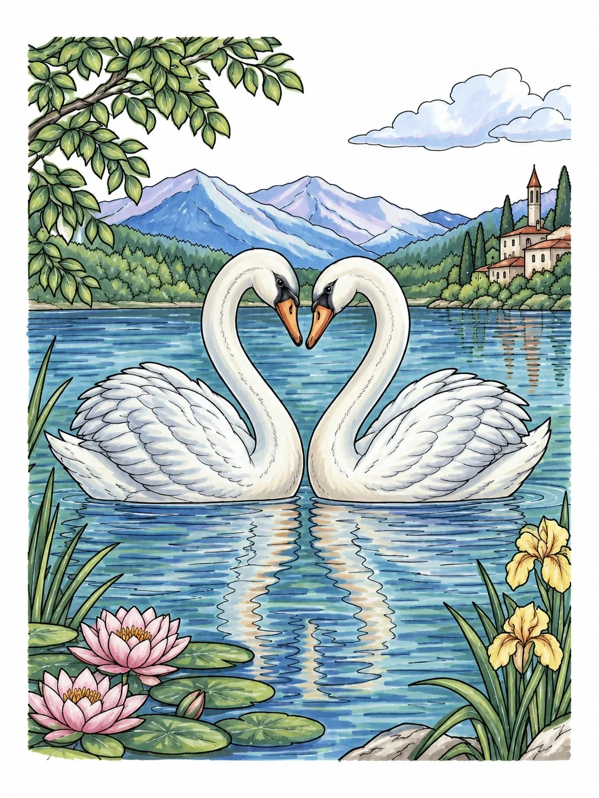 Colored example of the Twin Swans On An Alpine Lake coloring page