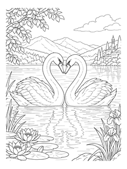 A serene gemini coloring page featuring twin swans swimming together on a scenic mountain lake.