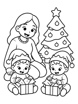 Free printable Twin Toddlers Opening Christmas Presents coloring page