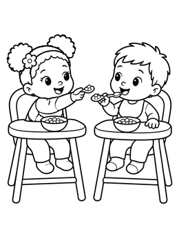 Free printable Twin Toddlers Eating In High Chairs coloring page