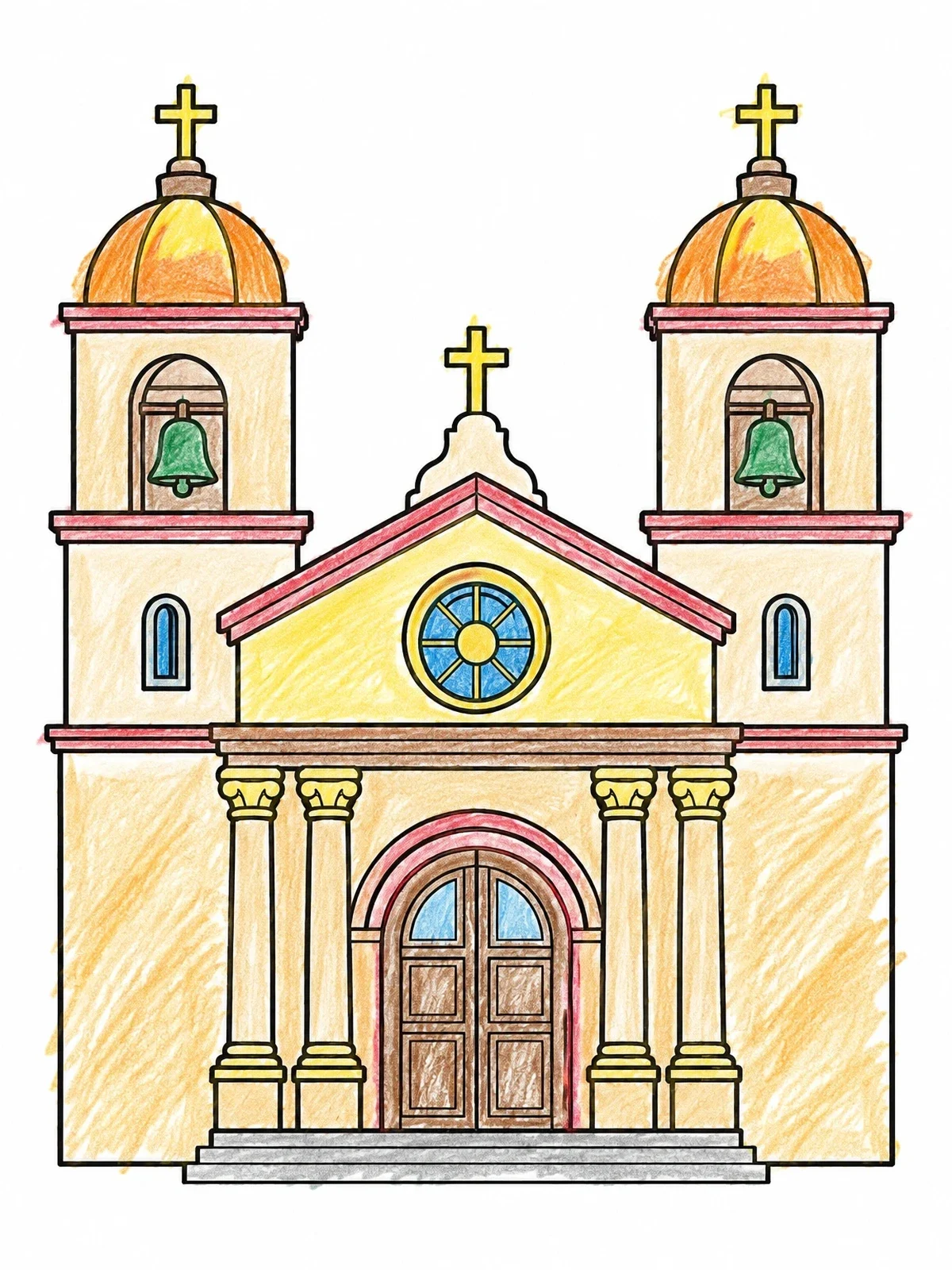 Colored example of the Twin Tower Historic California Mission coloring page