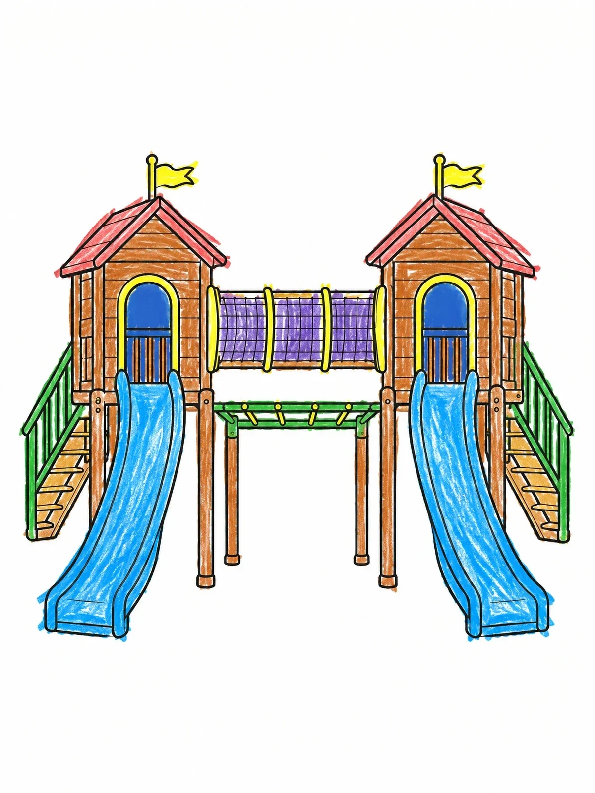 Colored example of the Twin Tower Playground Playhouse With Slides coloring page