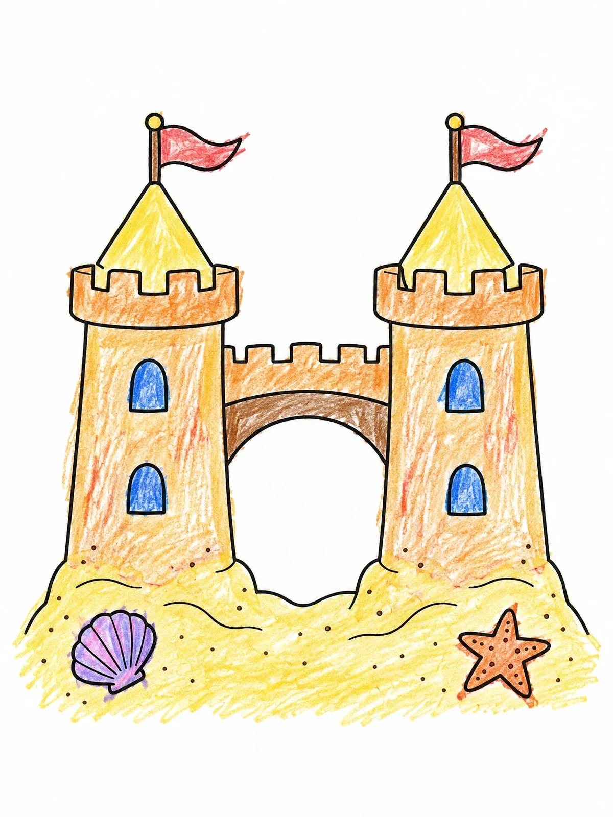 Colored example of the Twin Tower Sandcastle With Bridge coloring page