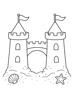 A twin-tower sand castle coloring page with a connecting bridge, seashell, and starfish.