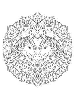A detailed unicorn mandala coloring page framing two unicorns inside an ornate heart border.