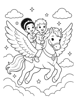 Free printable Twins Riding A Pegasus In The Clouds coloring page