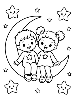 Free printable Twins Sitting On The Crescent Moon coloring page