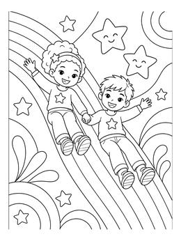 Boy and girl slide along a rainbow on this twin coloring page.