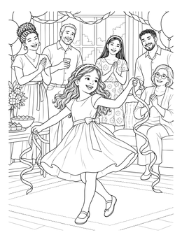A cheerful girl twirls with party ribbons in this lively dance coloring page surrounded by her family.
