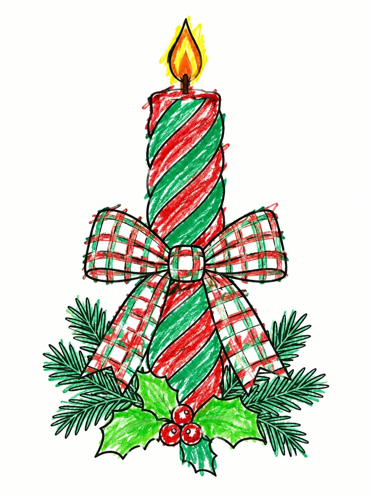 Colored example of the Twisted Christmas Candle With Plaid Ribbon coloring page