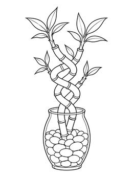 A bamboo coloring page showing intertwined lucky bamboo stalks in a glass vase with pebbles.