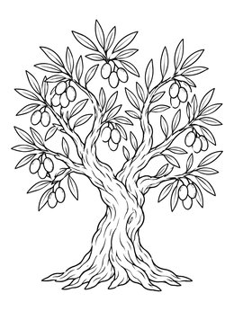 Detailed olive tree of life coloring page featuring a gnarled trunk, slender leaves, and ripe olive clusters.