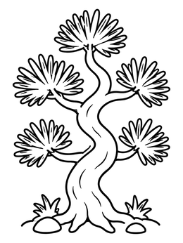 A stylized tree coloring page showing a curvy trunk with distinct needle clusters.