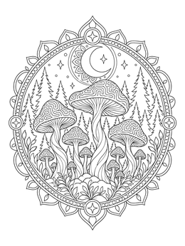 Detailed forest mushroom coloring page with a decorative crescent moon frame.