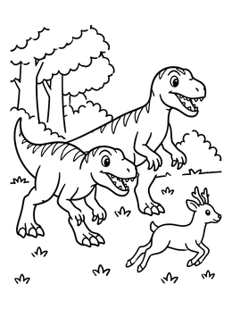 A fun allosaurus coloring page with two cartoon dinosaurs running near a forest alongside a small deer.