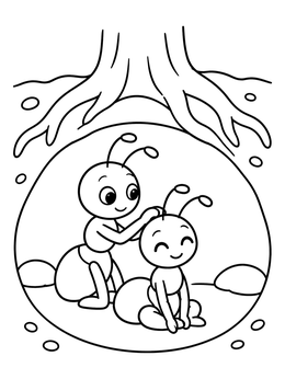 Cute ant coloring page showing two happy ants relaxing inside a cozy chamber under tree roots.