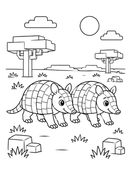 Two cute armadillos explore a blocky landscape in this armadillo coloring page.