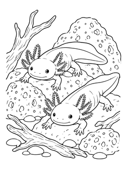 Two smiling amphibians rest on stones in this axolotl coloring page.
