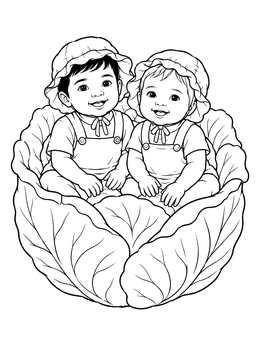 Two smiling babies sitting inside a giant cabbage coloring page.