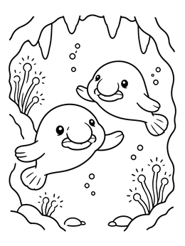 Two happy cartoon fish swim in this blobfish coloring page with glowing plants.