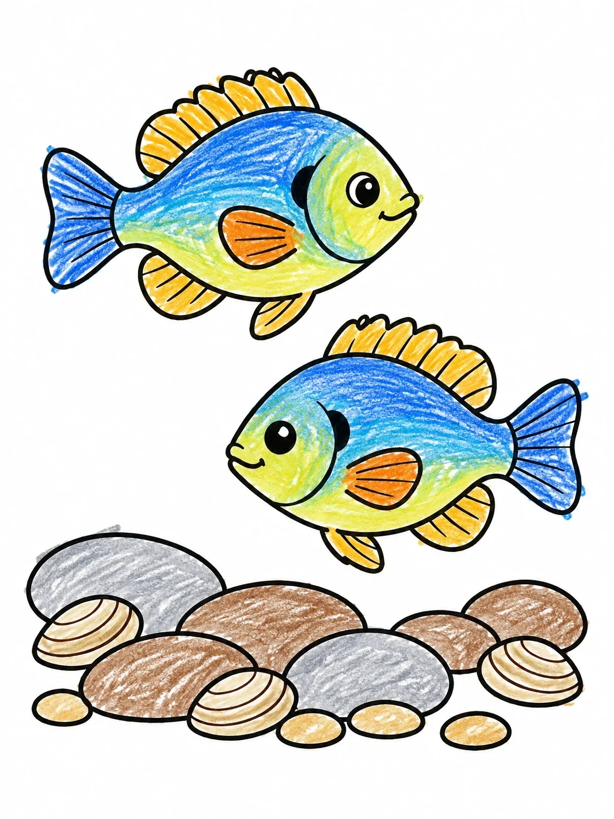 Colored example of the Two Bluegills Swimming Over Riverbed coloring page