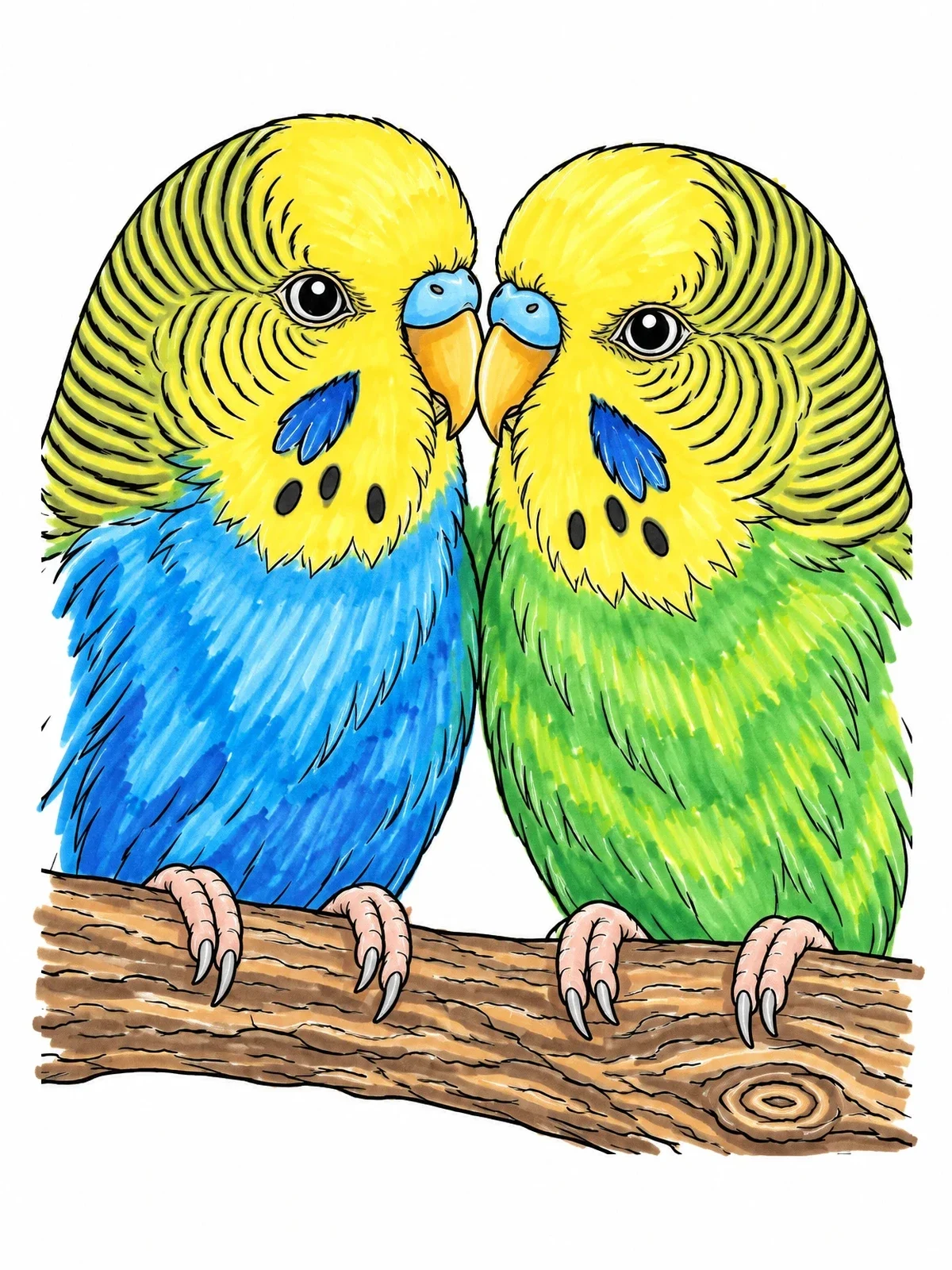 Colored example of the Two Budgies Roosting On A Branch coloring page