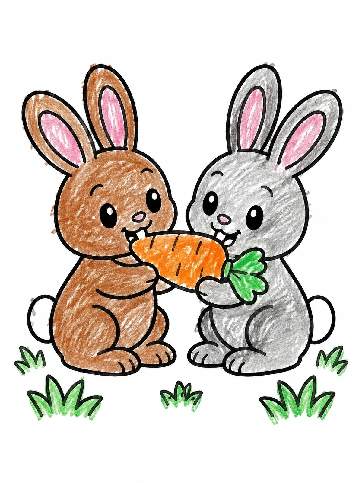 Colored example of the Two Bunnies Sharing A Carrot coloring page