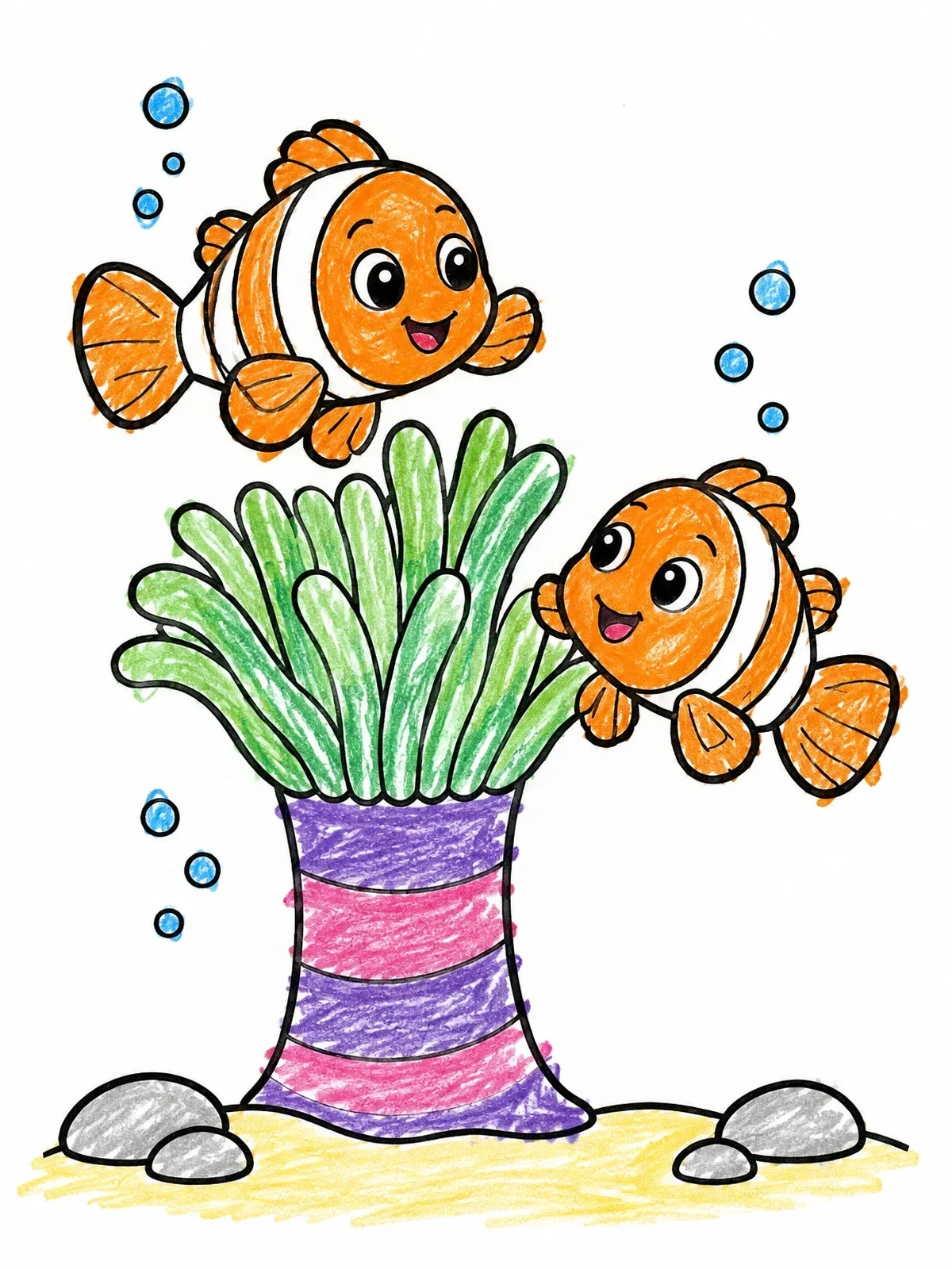 Colored example of the Two Cheerful Clownfish And Anemone coloring page