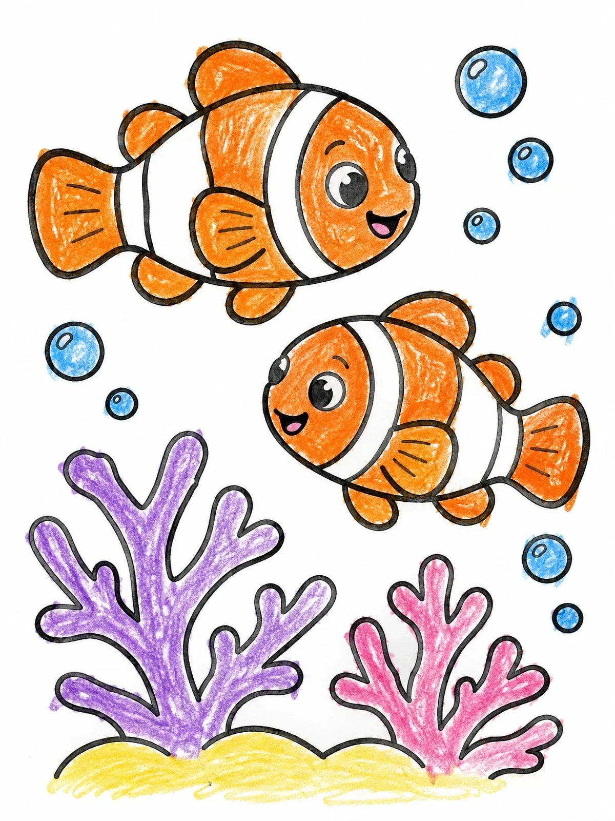 Colored example of the Two Cheerful Clownfish By Coral coloring page