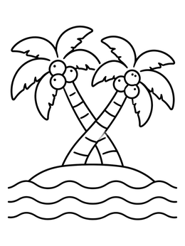 A sweet coconut coloring page showing two crossed palm trees on an island.