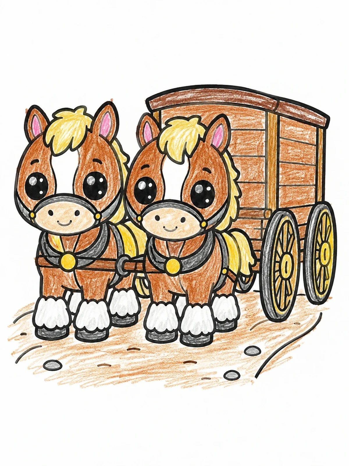 Colored example of the Two Cute Clydesdales Pulling A Wagon coloring page