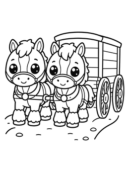 Free printable Two Cute Clydesdales Pulling A Wagon coloring page