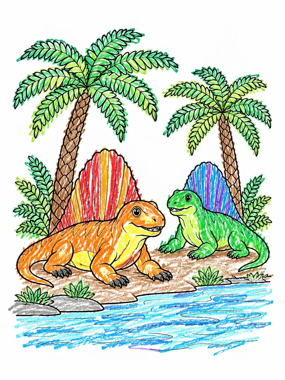 Colored example of the Two Dimetrodons By The Riverbank coloring page