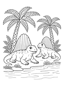 Two friendly reptiles rest by water on this cute dimetrodon coloring page with palm trees.