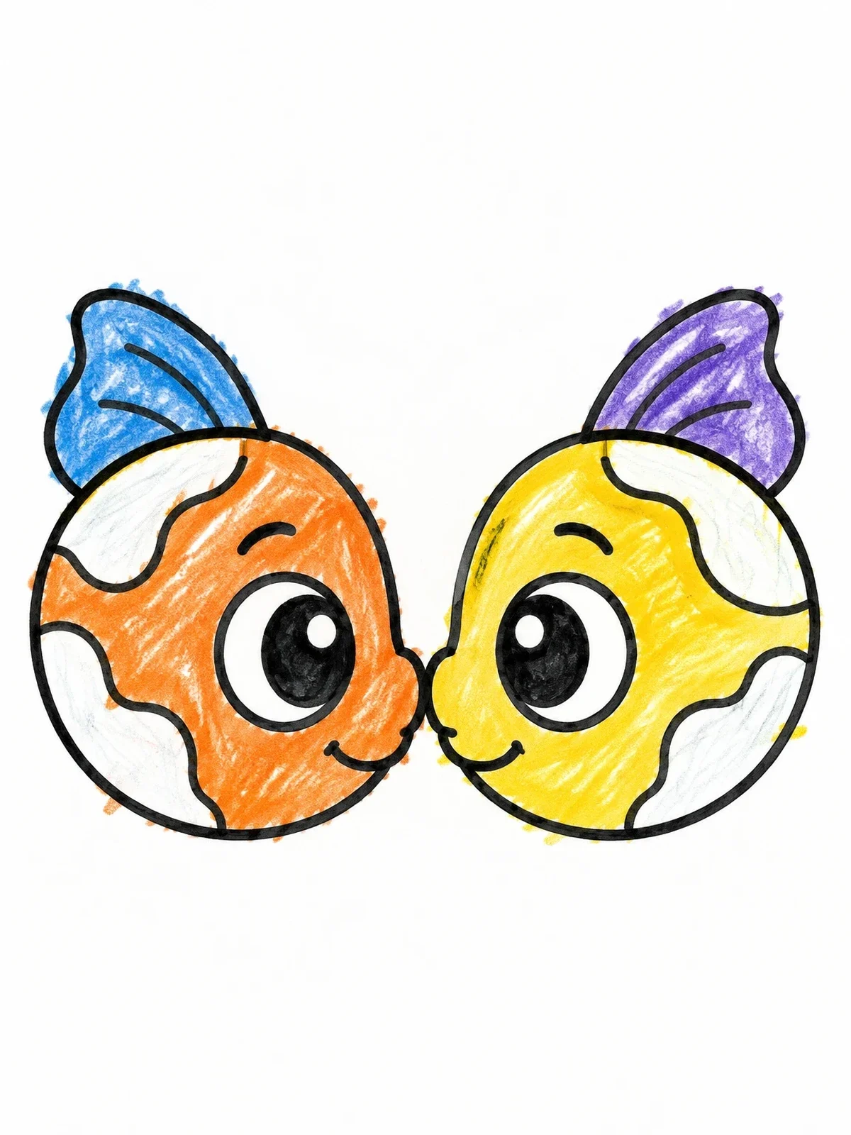 Colored example of the Two Cute Fish Greeting Nose To Nose coloring page