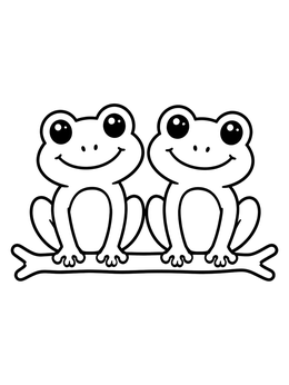 A simple frog coloring page featuring two friendly cartoon frogs perched together on a branch.