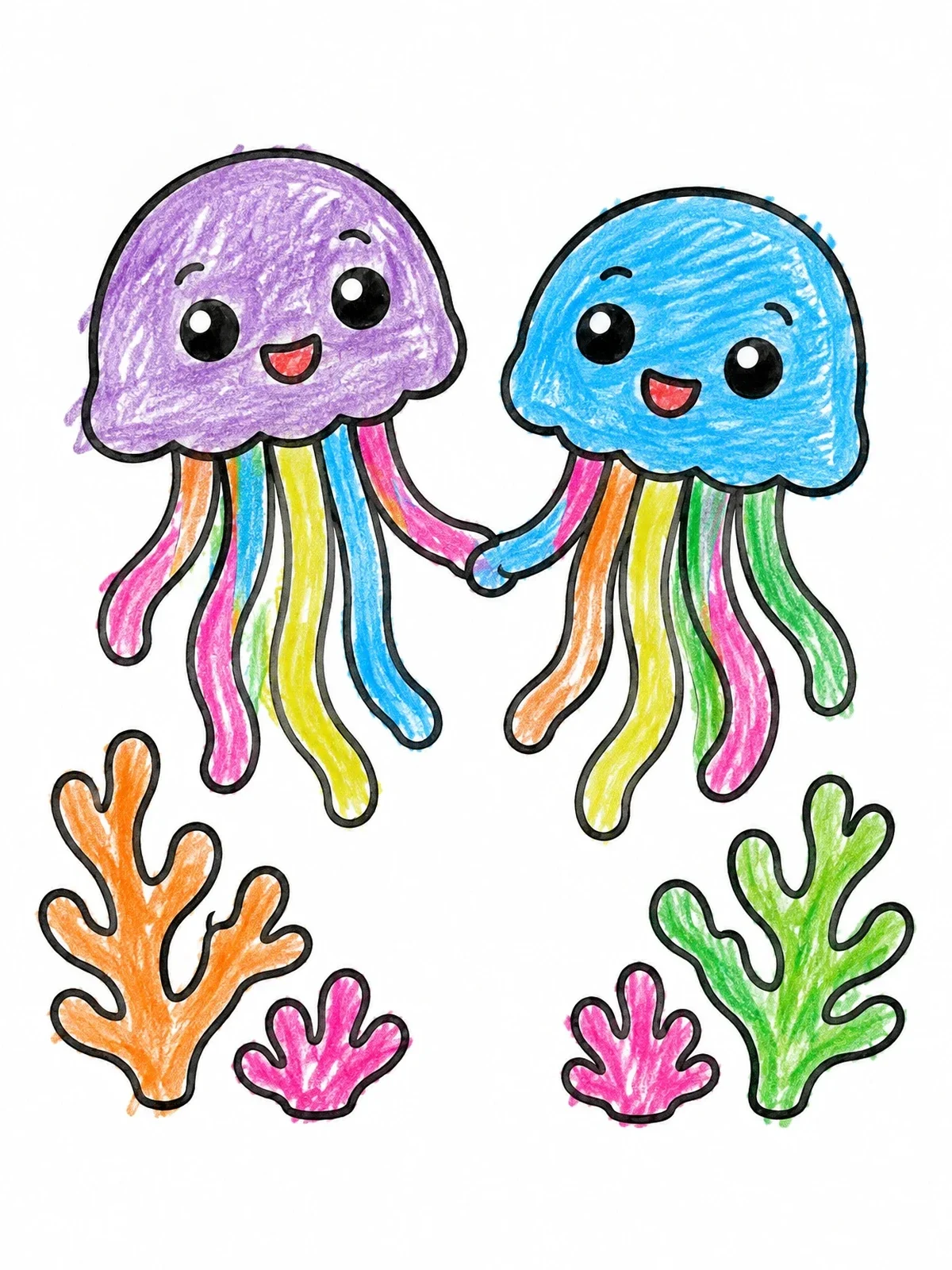 Colored example of the Two Cute Jellyfish Holding Hands coloring page